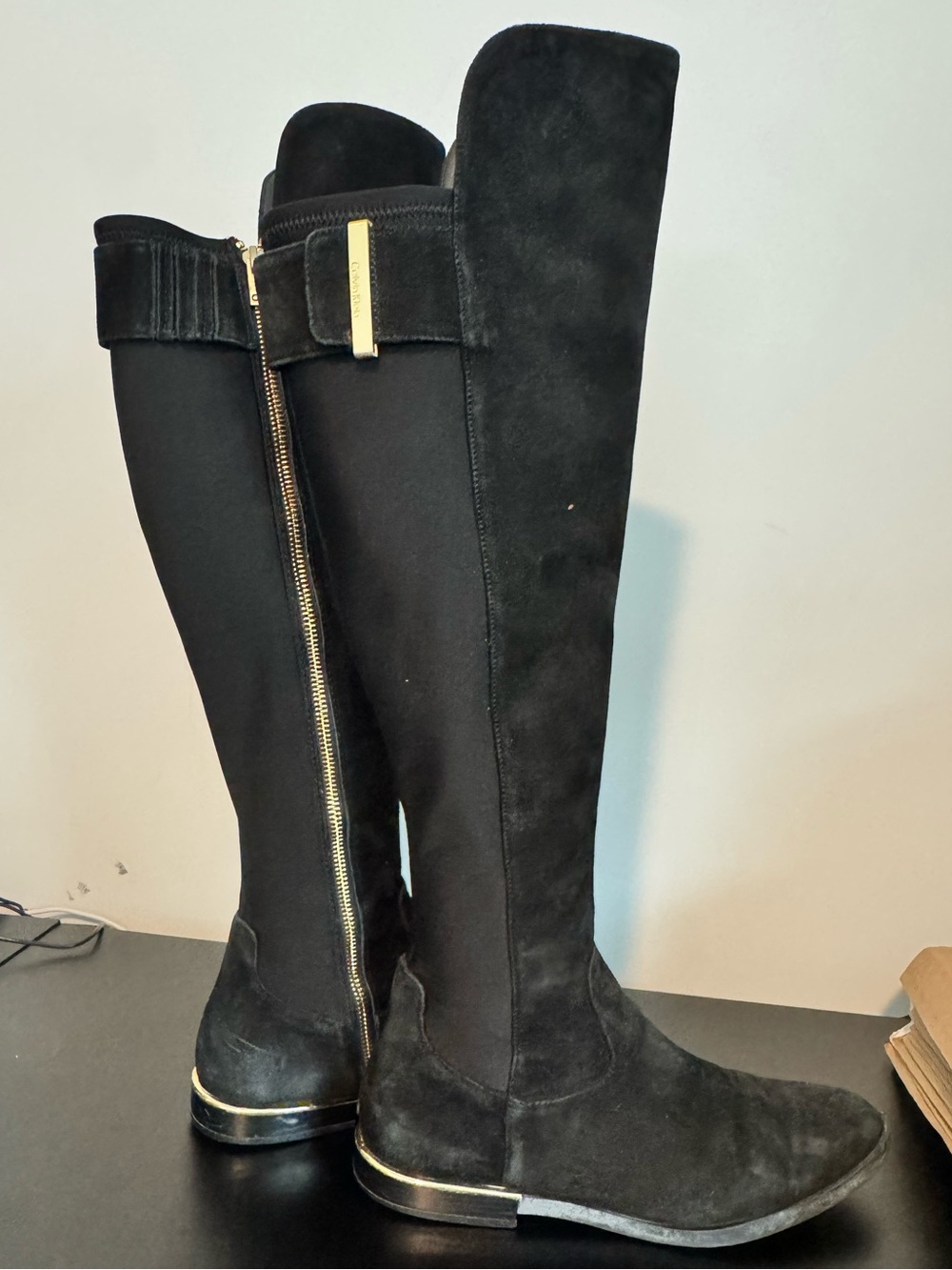 Calvin Klein Black Over-the-Knee Boots with Gold Trim